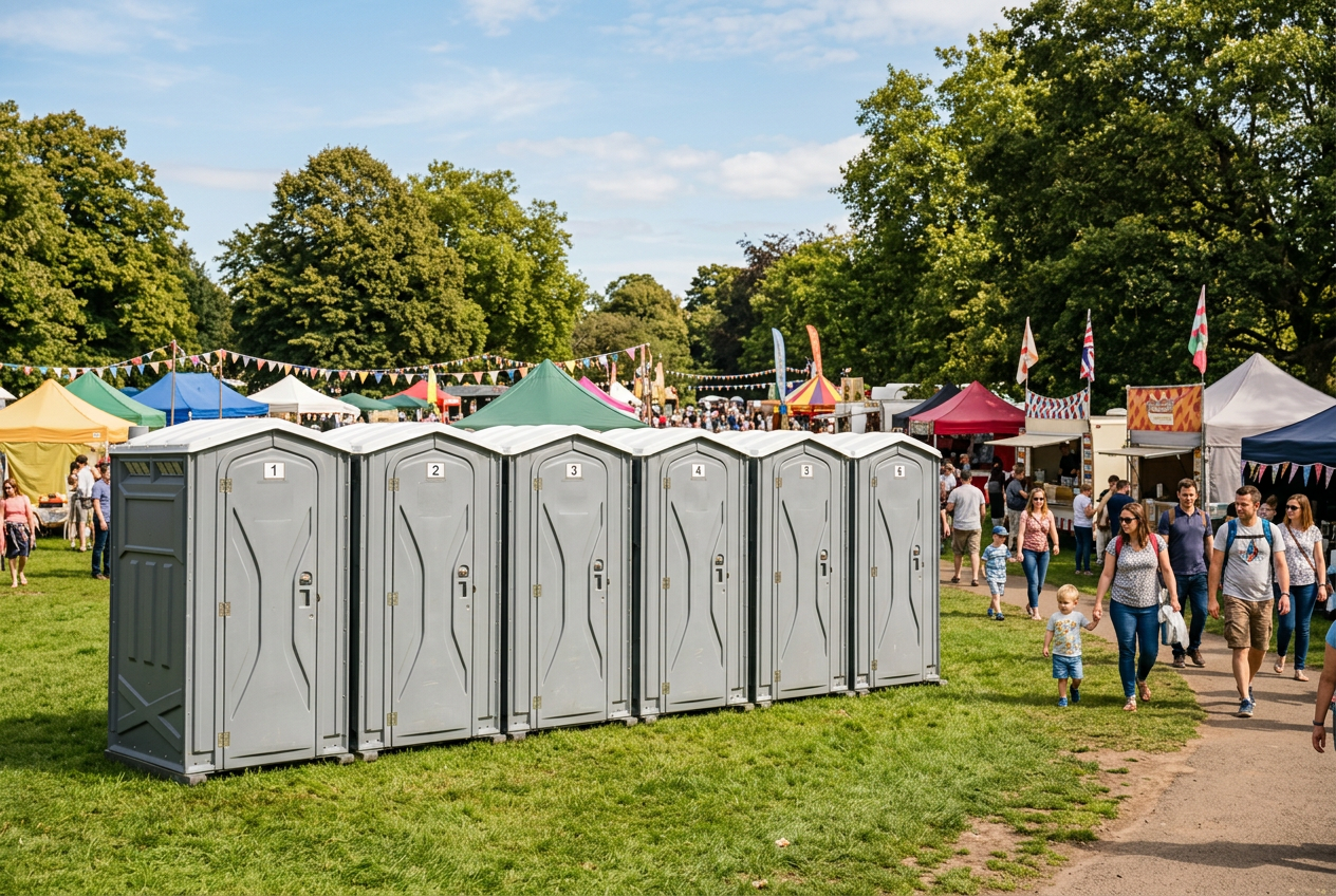 Row of porta potty rentals at an outdoor festival in Mobile AL