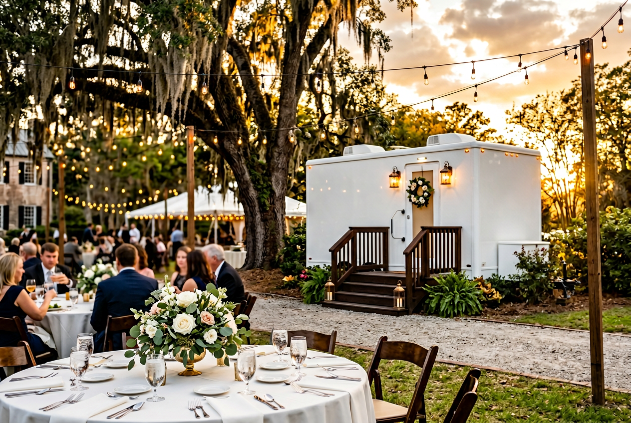 Restroom trailer rental at an outdoor wedding reception in Mobile AL