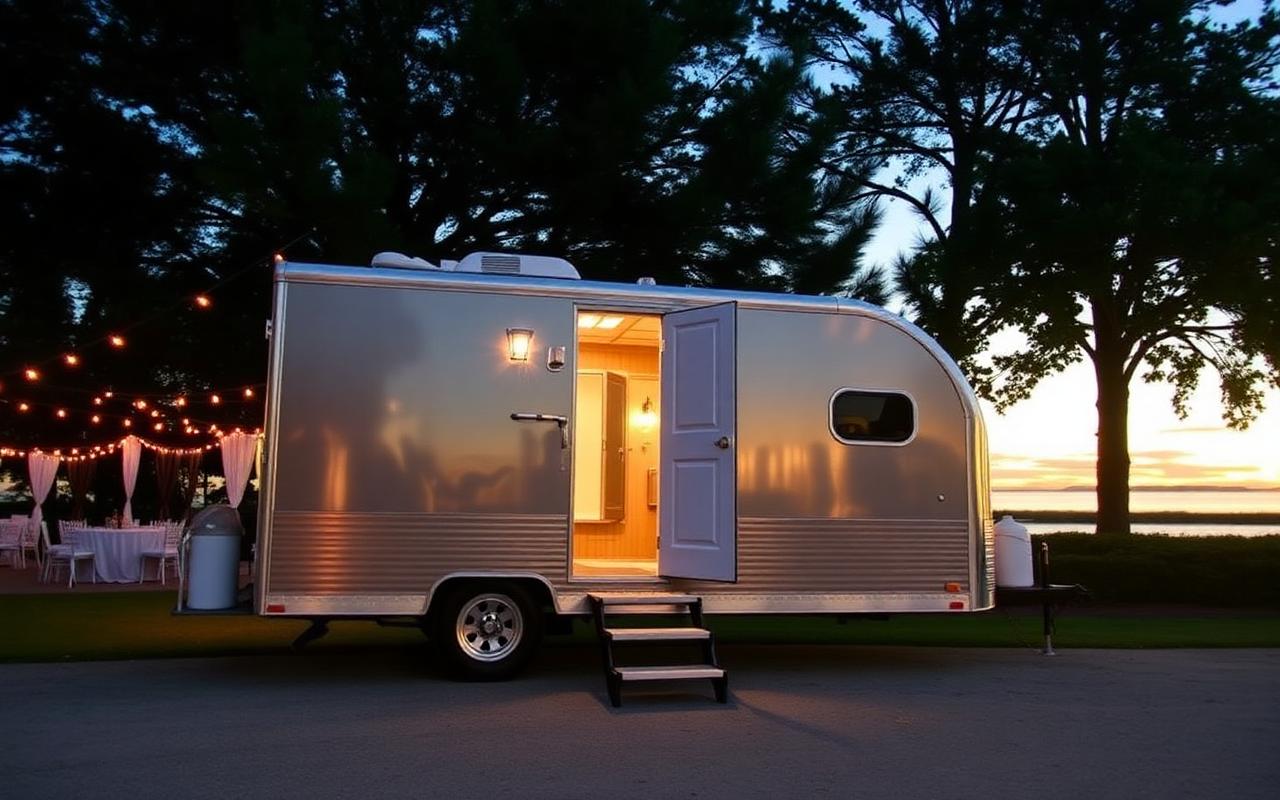 Restroom trailer rental Mobile AL at an outdoor wedding